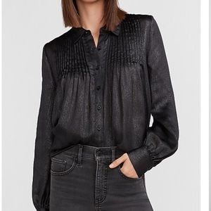 Metallic pleated front button down shirt